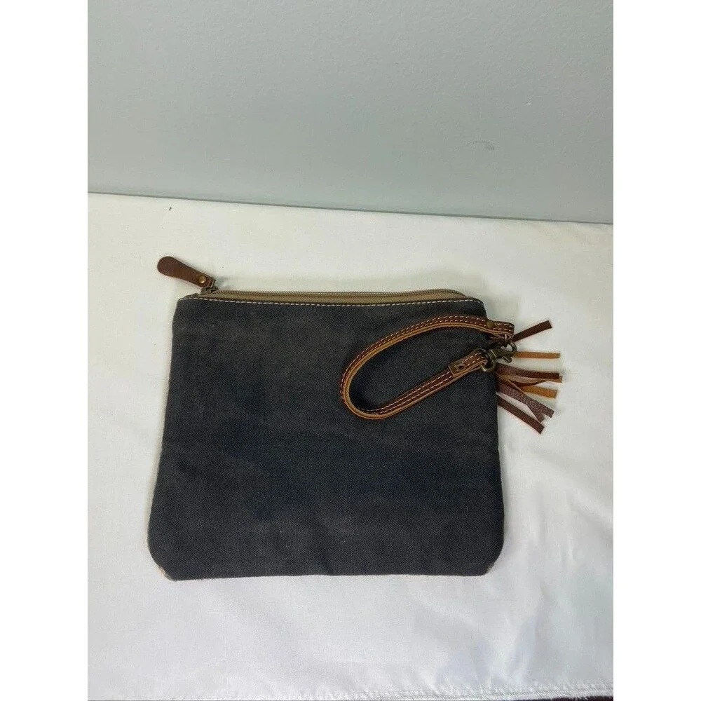 MYRA BAG WOMENS LEATHER CANVAS CARPET WRISTLET 9 X 7.5